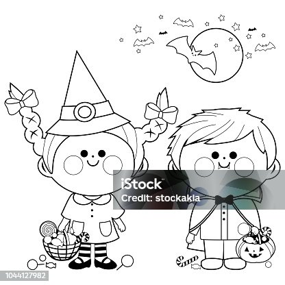 istock Children dressed in Halloween costumes hold buckets with candy. Black and white coloring book page 1044127982