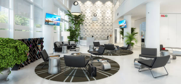 Waiting lounge with counter (panoramic view) Waiting lounge with counter - 3d visualization, own artwork on screens medical office lobby stock pictures, royalty-free photos & images
