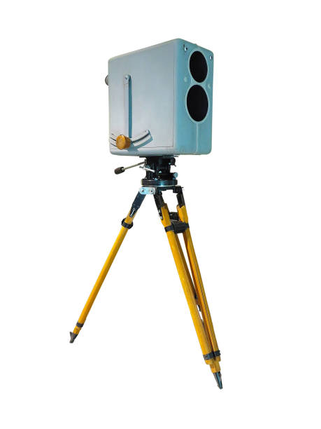 istock Retro ancient TV Professional studio old video camera on tripod isolated on white background 1044148922