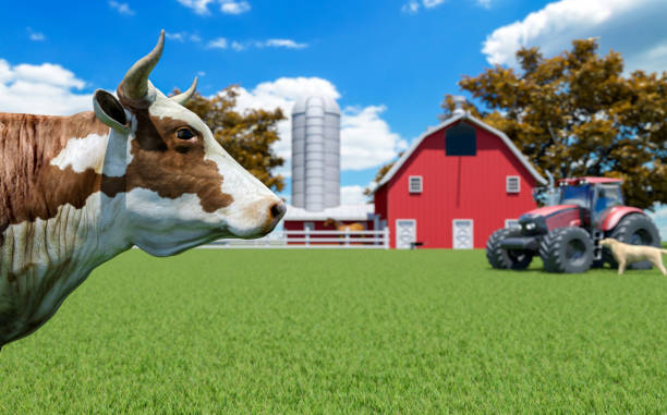 istock Farm scene with red barn and farm animals 1044149124