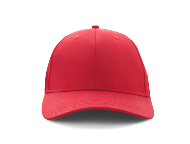 modelli rossi del berretto da baseball, viste anteriori isolate su sfondo bianco - baseball cap cap men baseball foto e immagini stock