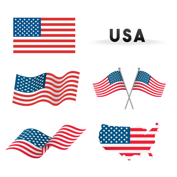 satz von usa flagge vektor-illustration. flaggen wehten mit amerika karte isoliert auf weißem hintergrund. - waving stock-grafiken, -clipart, -cartoons und -symbole