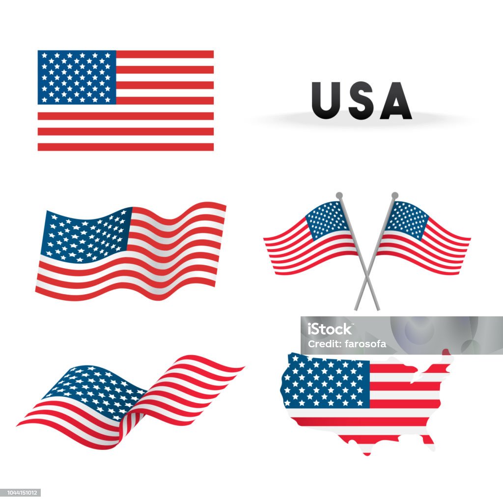 Set of USA Flag Vector illustration. Flags waving with America map isolated on white background. American Flag stock vector