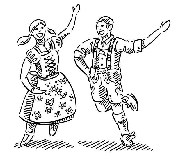 illustrazioni stock, clip art, cartoni animati e icone di tendenza di coppia felice nel disegno di dirndl e lederhosen - german culture oktoberfest dancing lederhosen