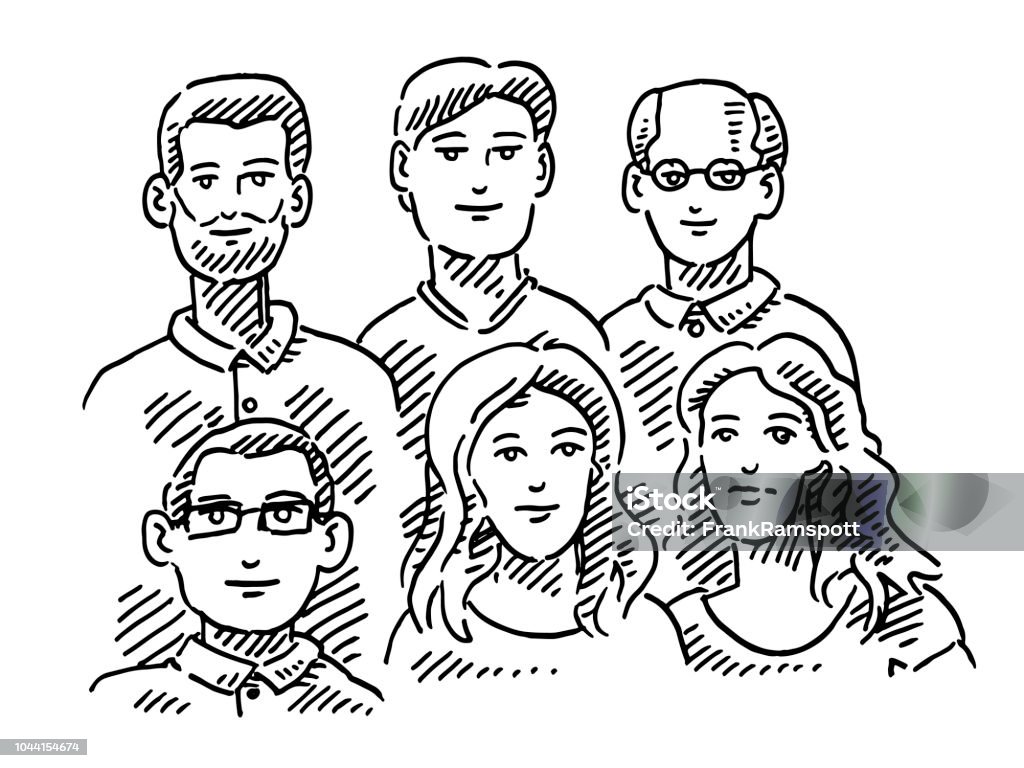 Small Business Team Group Of People Drawing Hand-drawn vector drawing of a Small Business Team, Group Of People. Black-and-White sketch on a transparent background (.eps-file). Included files are EPS (v10) and Hi-Res JPG. Teamwork stock vector