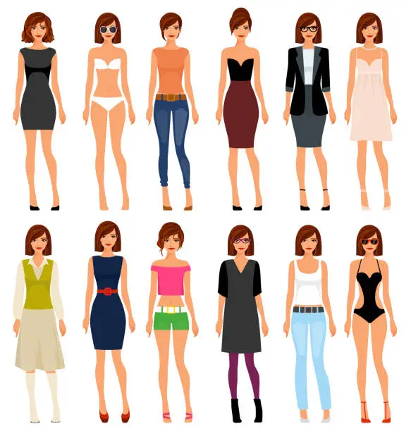 Vector illustration of A young girl in different clothes and hair. Vector illustration