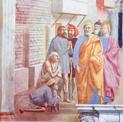 St Peter Healing the Sick with His Shadow, by Masaccio, famous Early Renaissance Fresco in the Brancacci Chapel in Florence, Italy