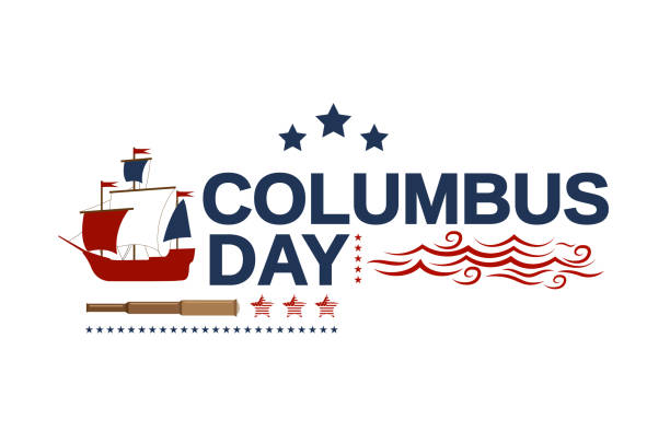 columbus day weiße banner mit schiff, teleskop und wellen. vektor-illustration. - columbus day stock-grafiken, -clipart, -cartoons und -symbole