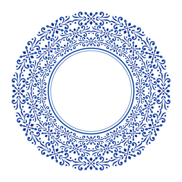 illustrazioni stock, clip art, cartoni animati e icone di tendenza di porcellana decorativa rotonda - plate blue dishware white