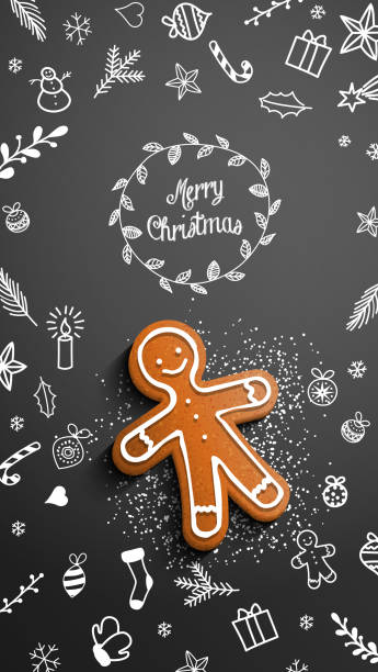 黒�い背景にいたずら書きチョークでジンジャーブレッド人 - christmas candle wreath backgrounds点のイラスト素材／クリップアート素材／マンガ素材／アイコン素材