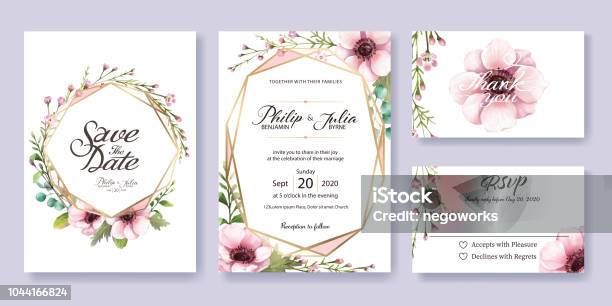 Wedding Invitation Save The Date Thank You Rsvp Card Design Template Vector Anemone Flower Silver Dollar Leaves Wax Flower Stock Illustration - Download Image Now