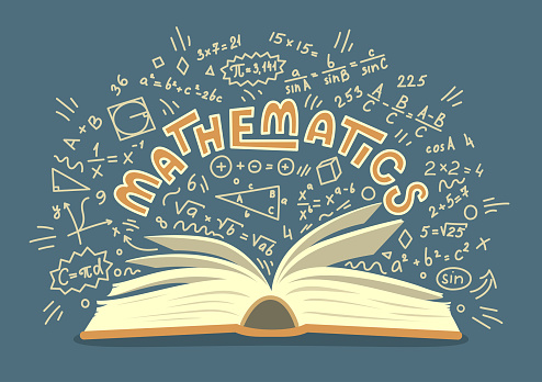 Mathematics. Open book with maths doodles with lettering. Education vector illustration.