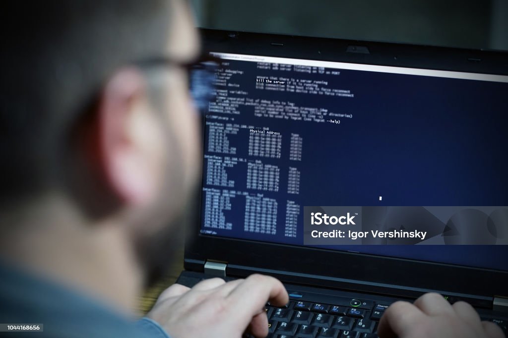 Hacker One Computer Screen Hacker Using Laptop Lots Of Digits On The Computer Screen Stock Photo ...