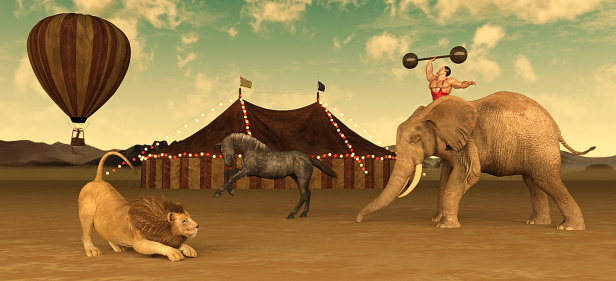 Circus Performers including elephants horses and lions