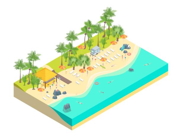 ilustraciones, imágenes clip art, dibujos animados e iconos de stock de concepto de descanso de la playa vista 3d isometrico. vector de - isometric sea coastline beach
