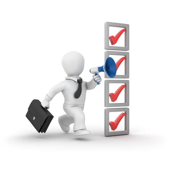 istock 3D Check List and Business Character Running with Megaphone - 3D Rendering 1044177228