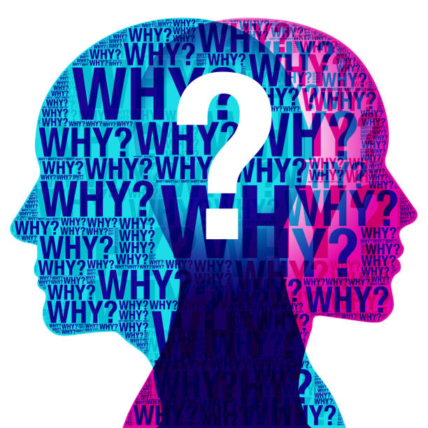 Many WHY?s - ? A male and female side silhouette positioned back to back, overlaid with a random pattern of various sized semi-transparent “WHY?” text elements. Placced across the centre is a large white “Question mark” Symbol. question mark head stock illustrations