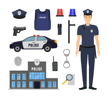 Ilustración de Policía De Color De Dibujos Animados Y Conjunto De Iconos De  Elementos De Policía Vector De y más Vectores Libres de Derechos de Adulto  - iStock