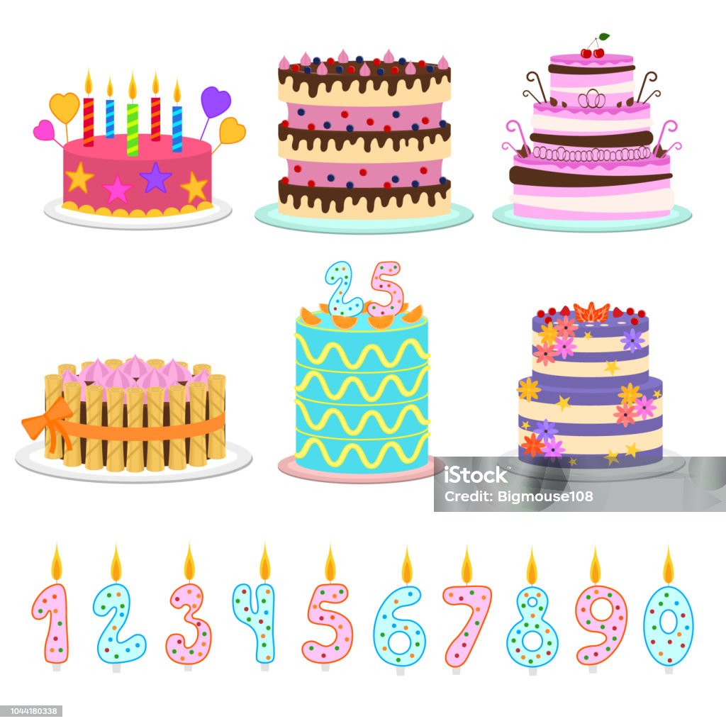 Cartoon Color Birthday Cakes and Elements Icon Set. Vector Cartoon Color Birthday Cakes and Elements Icon Set Party Concept Flat Design Style. Vector illustration of Icons Birthday Cake stock vector