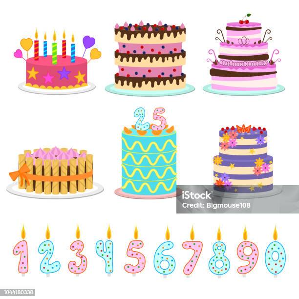 Cartoon Color Birthday Cakes And Elements Icon Set Vector Stock Illustration - Download Image Now
