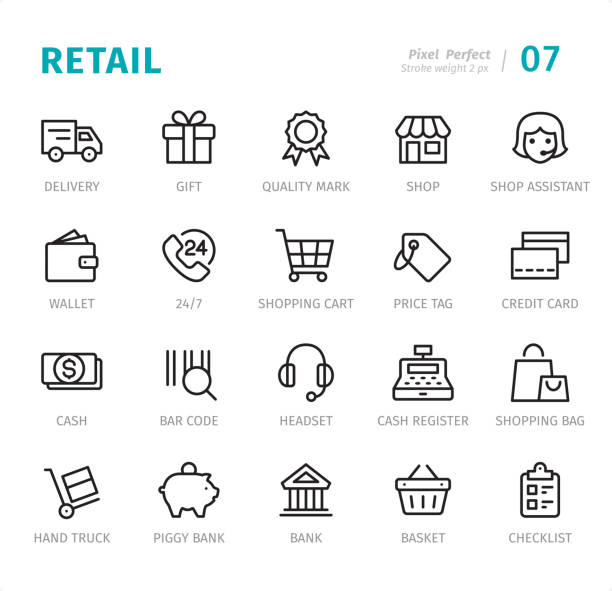 Retail - Pixel Perfect line icons with captions Retail - 20 Outline Style - Single line icons with captions / Set #XX
Designed in 48x48pх square, outline stroke 2px.

First row of outline icons contains:
Delivery Van, Gift Box, Quality Mark, Shop, Shop Assistant;

Second row contains:
Wallet, 24 Hrs, Shopping Cart, Price Tag, Credit Card;

Third row contains:
Cash, Bar Code, Headset, Cash Register, Shopping Bag;

Fourth row contains:
Hand Truck, Piggy Bank, Bank, Shopping Basket, Checklist.

Complete Signico collection - https://www.istockphoto.com/collaboration/boards/VT_7sDWo80OLh7foVxchBQ wallet illustrations stock illustrations