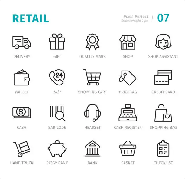 Vector illustration of Retail - Pixel Perfect line icons with captions