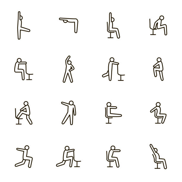 ilustrações, clipart, desenhos animados e ícones de exercícios de esporte para escritório sinais linha preta fina ícone definido. vector - flexibility business gymnastics exercising