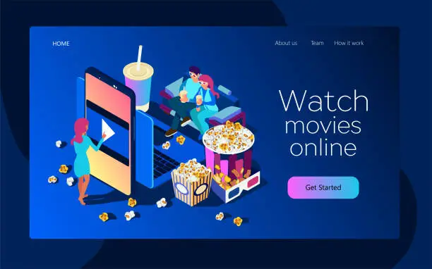 Vector illustration of Watch the movie online with a smartphone or  laptop. Young people are watching the film on the couch. The girl in the dress push the button. Bright youth illustration of a home cinema. Isometric flat