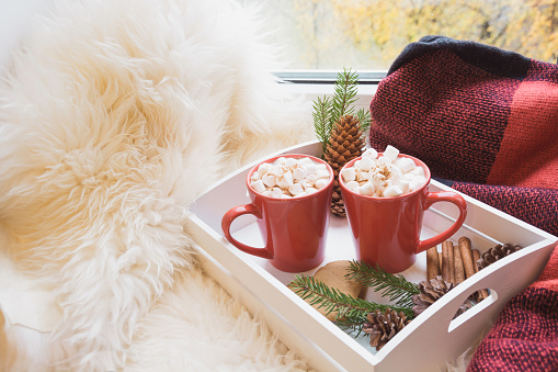 Two red cup of hot chocolate with marshmallow on white windowsill with furskin for rest. Holiday. Christmas morning. Romantic.