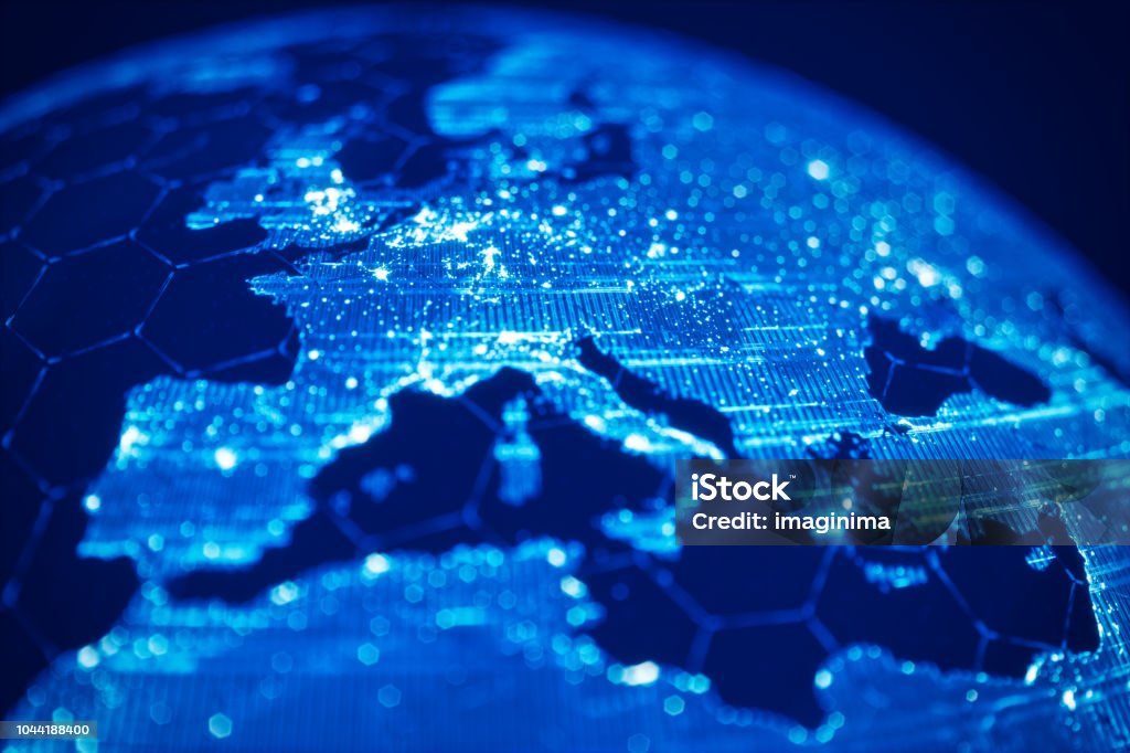 Global Communication And Technology (World Map Credits To NASA) Blue futuristic globe with hexagonal grids and light beams. Europe Stock Photo