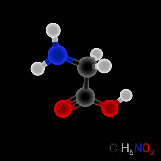 Glycine model molecule. Isolated on black background. 3D rendering illustration. Luminance effect.