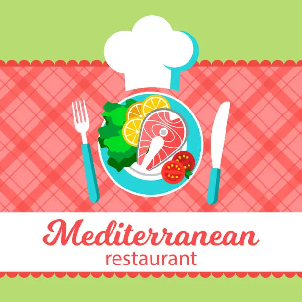 Vector illustration of Mediterranean restaurant design. Vector illustration. Place for text.