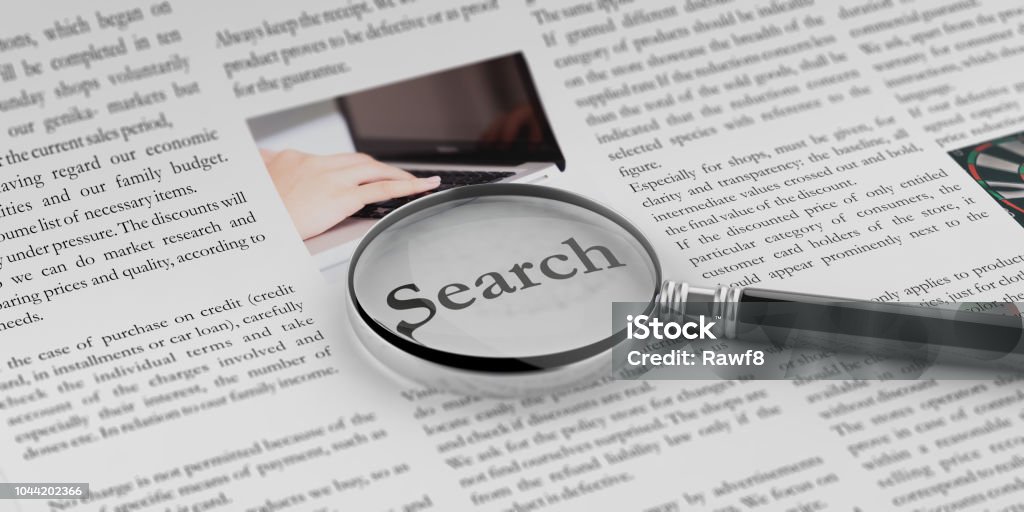 3d rendering magnifier on a newspaper 3d rendering magnifier glass on a newspaper Advertisement Stock Photo