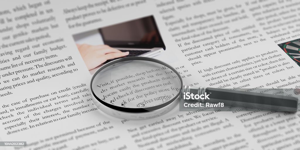 3d rendering magnifier on a newspaper 3d rendering magnifier glass on a newspaper Science Stock Photo