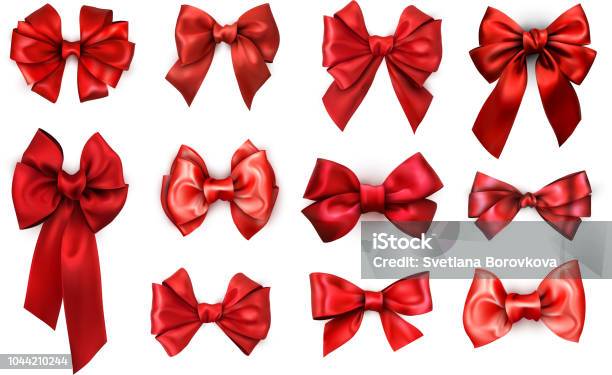 Red Realistic Satin Bows Isolated On White Stock Illustration - Download Image Now - Tied Bow, Red, Ribbon - Sewing Item