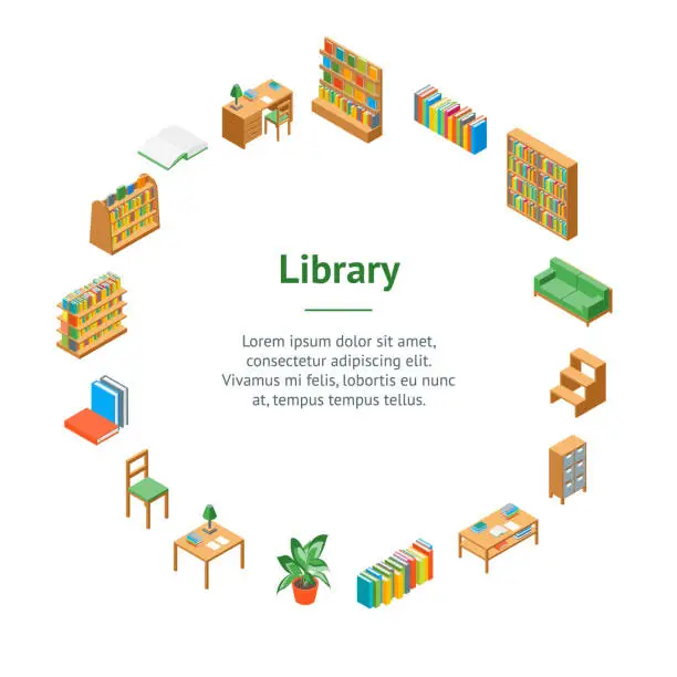 Vector illustration of Furniture for Library 3d Banner Card Circle Isometric View. Vector