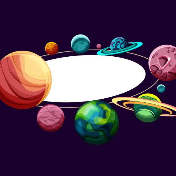 Vector illustration of Oval frame with planets on purple background.