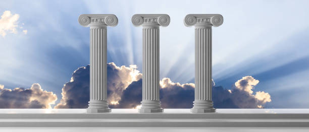 istock Sustainability concept. Three marble pillars and steps on blue sky background. 3d illustration 1044211246