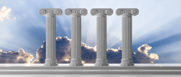 istock Education and democracy concept. Four marble pillars and steps on blue sky background. 3d illustration 1044211258