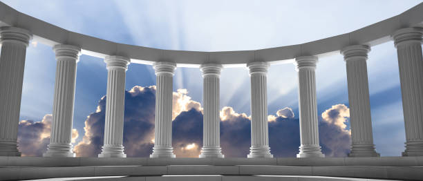 columnas de mármol y pasos en azul cielo con fondo de nubes. ilustración 3d - column greece pedestal classical greek fotografías e imágenes de stock