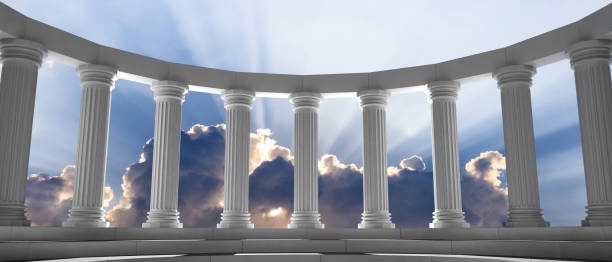 Marble pillars and steps on blue sky with clouds background. 3d illustration Marble pillars curve on blue cloudy sky background, details, front view. 3d illustration greek culture stock pictures, royalty-free photos & images