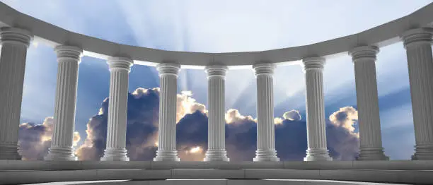 Marble pillars curve on blue cloudy sky background, details, front view. 3d illustration