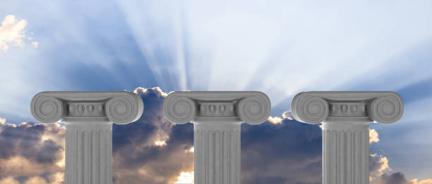 istock Sustainability concept. Three marble pillars on blue sky background. 3d illustration 1044211268