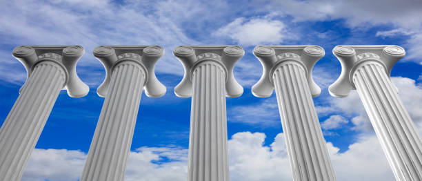 Five marble pillars of islam or justice and steps on blue sky background. 3d illustration Five marble pillars of islam or justice on blue cloudy sky background, details, under view. 3d illustration five columns stock pictures, royalty-free photos & images