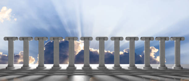 istock Marble pillars row and steps on blue sky with clouds background. 3d illustration 1044211276