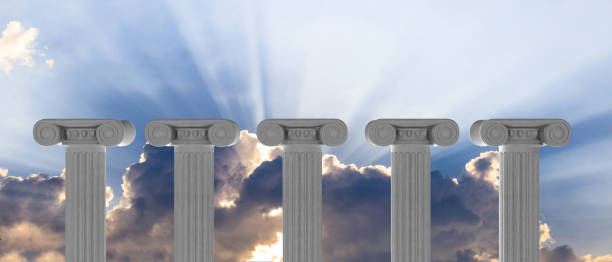 Five marble pillars of islam or justice and steps on blue sky background. 3d illustration Five marble pillars of islam or justice on blue cloudy sky background, details, front view. 3d illustration five columns stock pictures, royalty-free photos & images