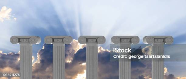 Five Marble Pillars Of Islam Or Justice And Steps On Blue Sky Background 3d Illustration Stock Photo - Download Image Now