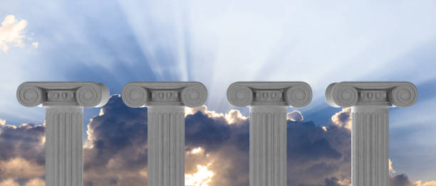 istock Education and democracy concept. Four marble pillars on blue sky background. 3d illustration 1044211284