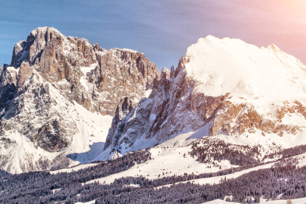 istock Langkofel (Sassolungo and Sassopiatto) mountain in Seiseralm with snow 1044211628