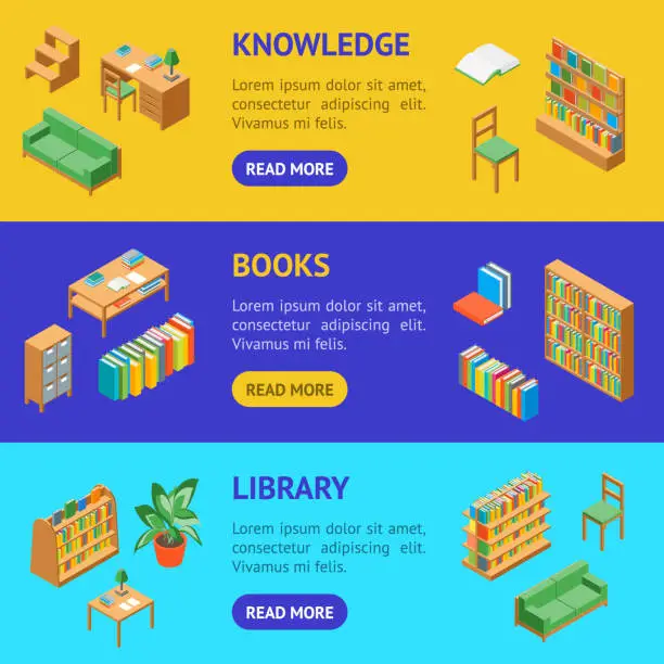 Vector illustration of Furniture for Library 3d Banner Horizontal Set Isometric View. Vector